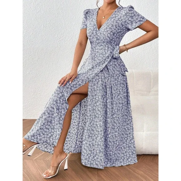 🌟 Frenchy Ditsy Floral Print Knot Side Wrap Dress - Picture 1 of 11